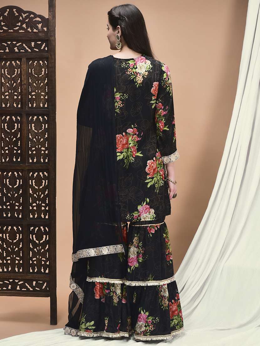 women floral three quarter sleeve kurta sharara with dupatta set - 22161050 -  Standard Image - 3