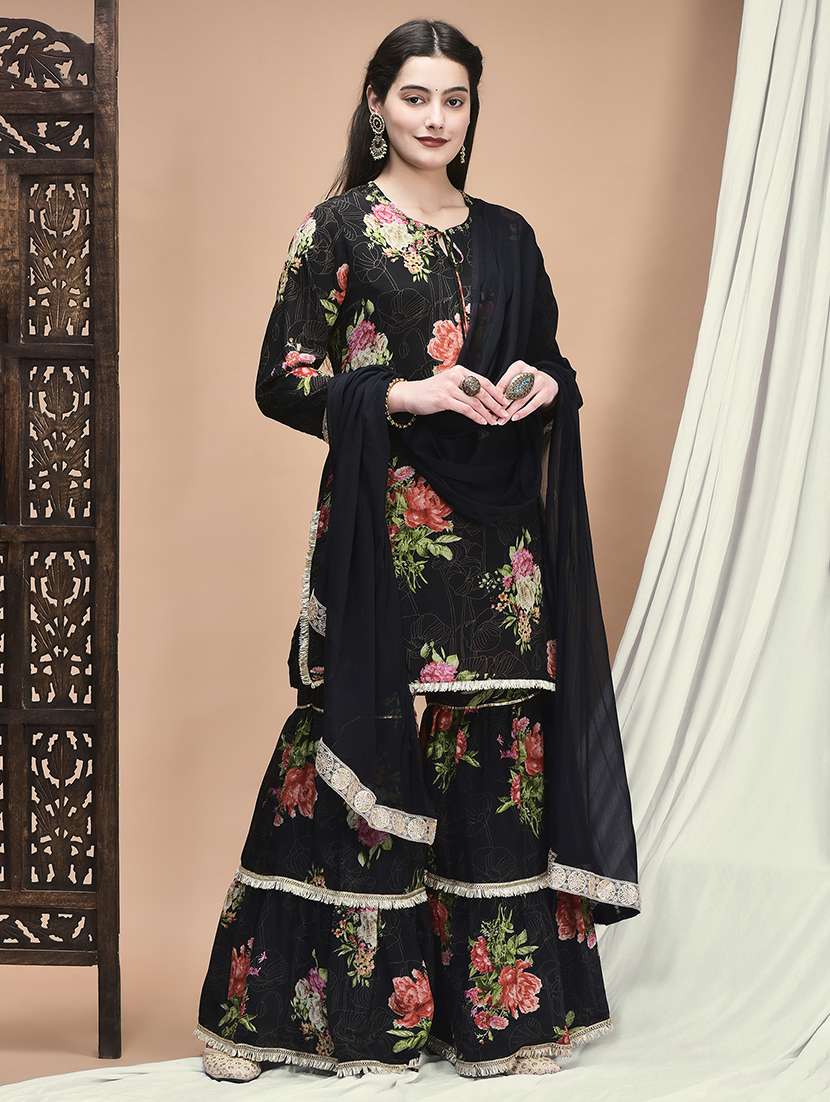 women floral three quarter sleeve kurta sharara with dupatta set - 22161050 -  Standard Image - 5