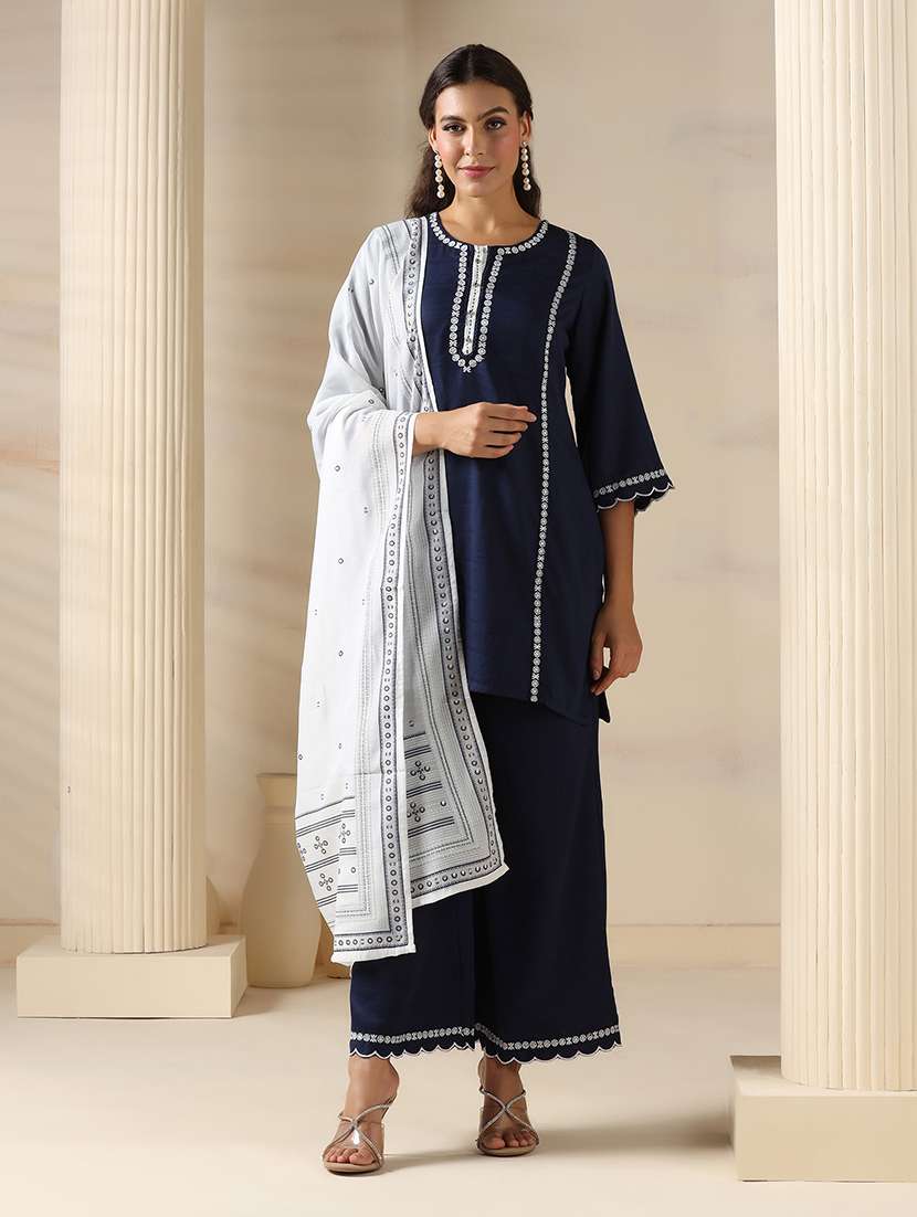 women embroidered three quarter sleeve kurta palazzo with dupatta set