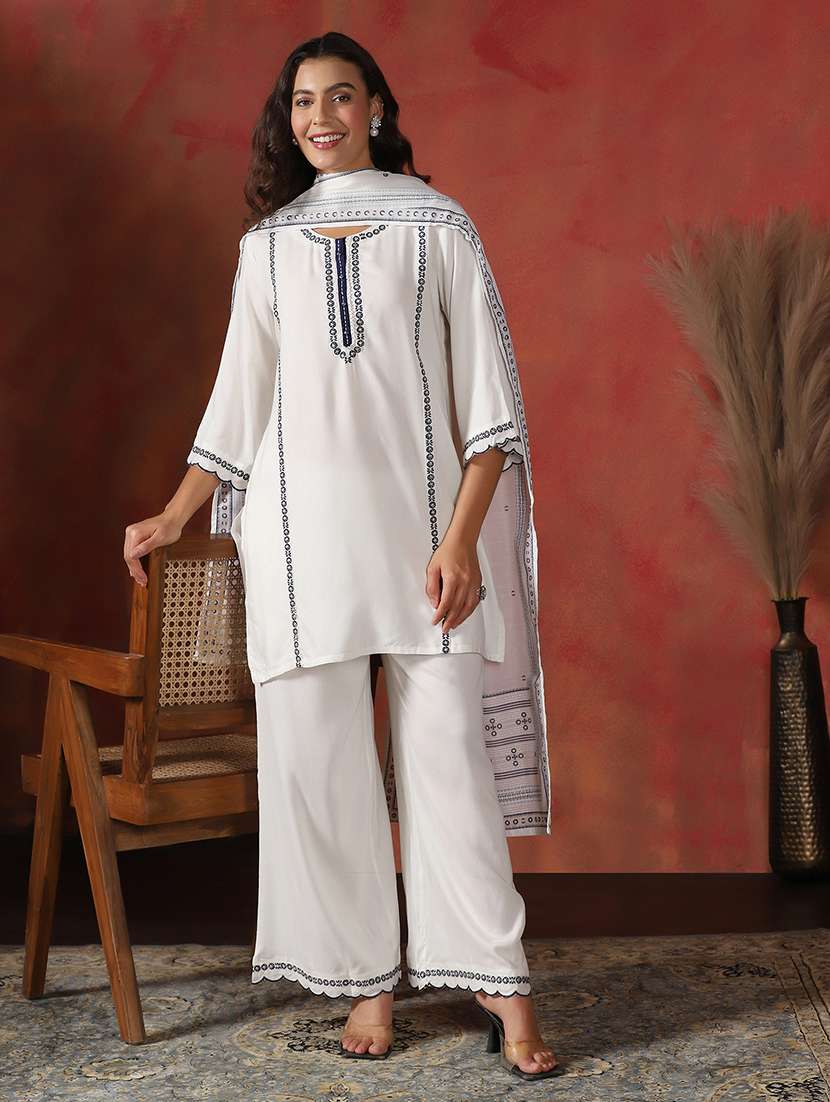women embroidered three quarter sleeve kurta palazzo with dupatta set