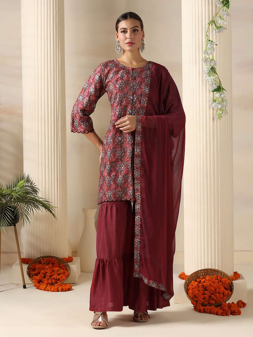 women embroidered three quarter sleeve kurta sharara with dupatta set
