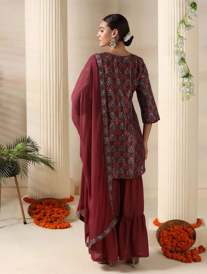 women embroidered three quarter sleeve kurta sharara with dupatta set - 22161062 -  Standard Image - 3
