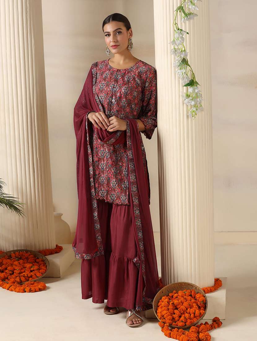 women embroidered three quarter sleeve kurta sharara with dupatta set - 22161062 -  Standard Image - 5