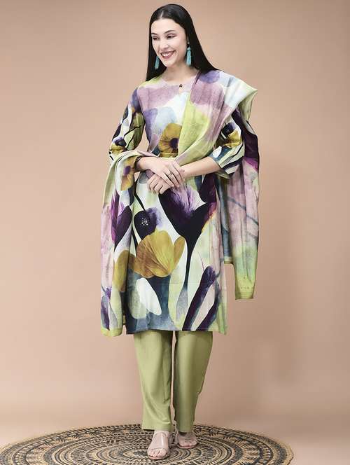 women printed three quarter sleeve kurta pant with dupatta set - 22161064 -  Standard Image - 0