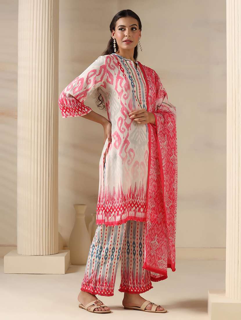 women ikat printed three quarter sleeve kurta pant with dupatta set - 22161068 -  Standard Image - 5