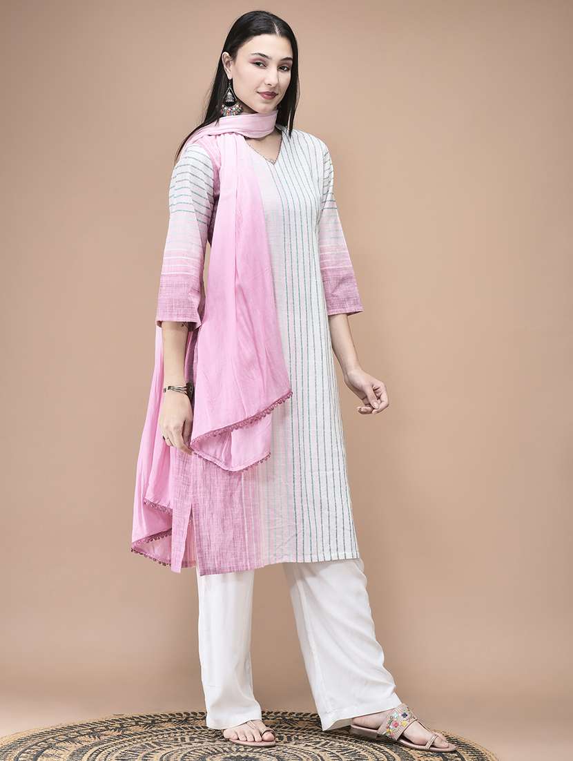 women striped three quarter sleeve kurta pant with dupatta set