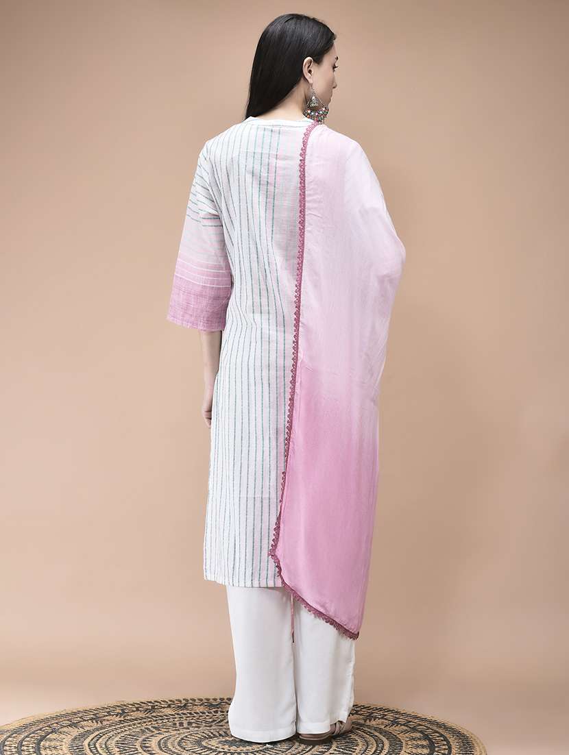 women striped three quarter sleeve kurta pant with dupatta set - 22161069 -  Standard Image - 3