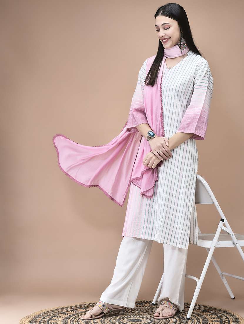 women striped three quarter sleeve kurta pant with dupatta set - 22161069 -  Standard Image - 5