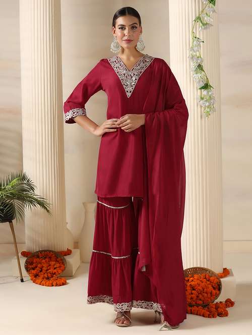 women embroidered three quarter sleeve kurta sharara with dupatta set - 22161072 -  Standard Image - 0
