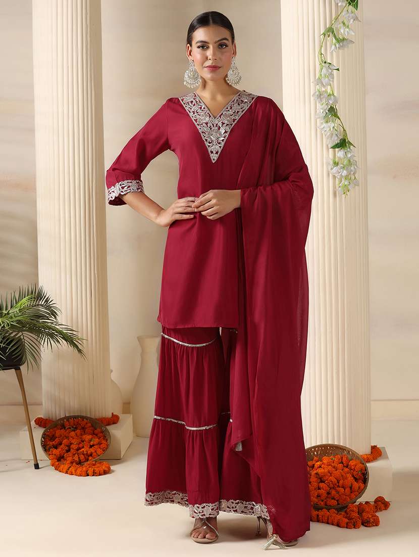 women embroidered three quarter sleeve kurta sharara with dupatta set - 22161072 -  Zoom Image - 0