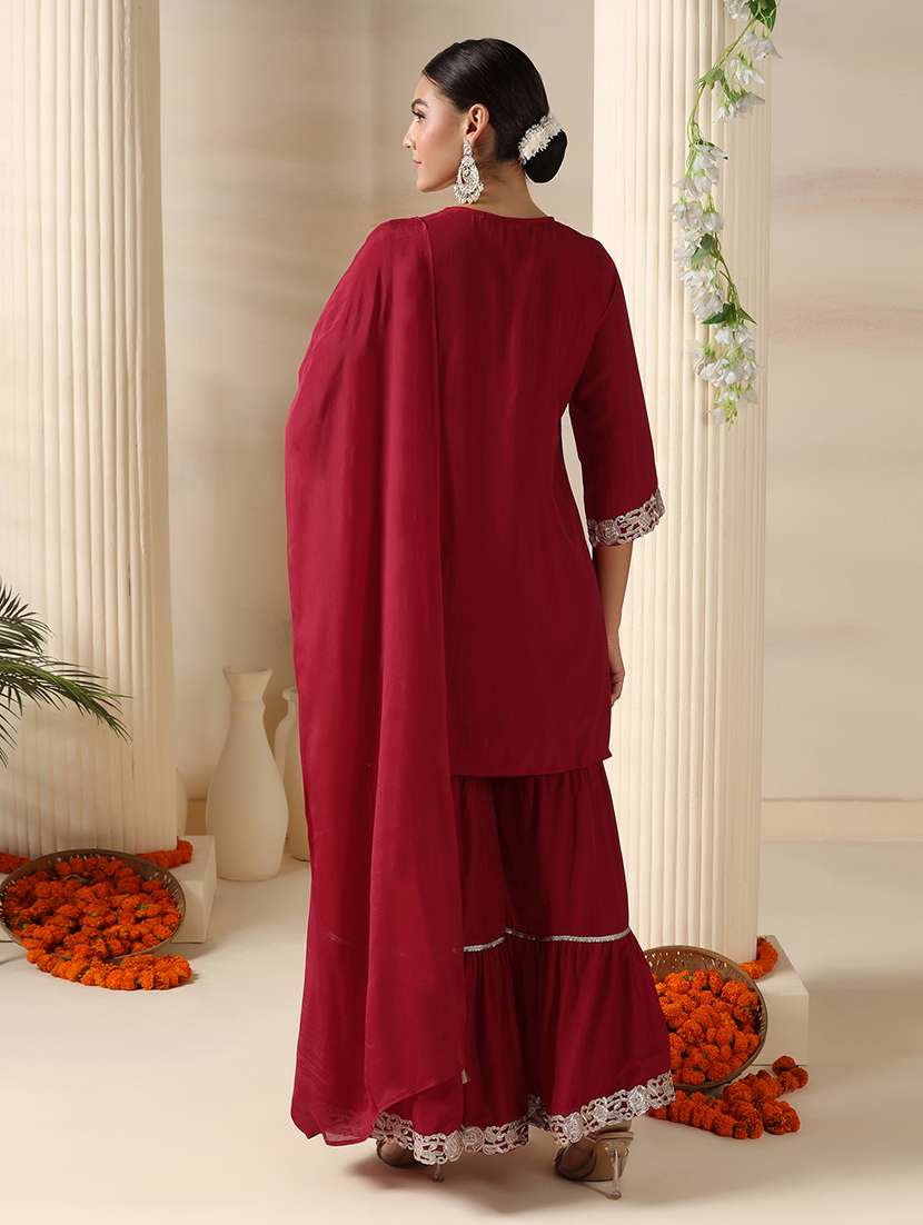 women embroidered three quarter sleeve kurta sharara with dupatta set - 22161072 -  Standard Image - 3