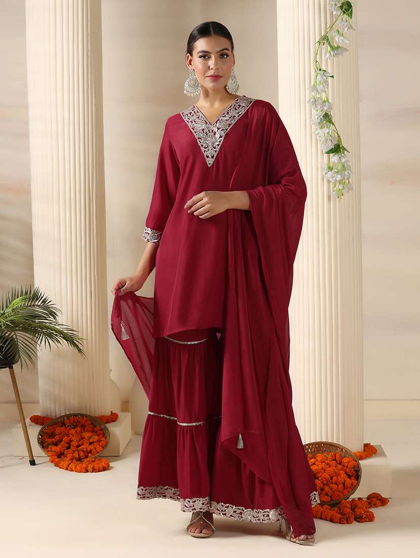 women embroidered three quarter sleeve kurta sharara with dupatta set - 22161072 -  Standard Image - 5