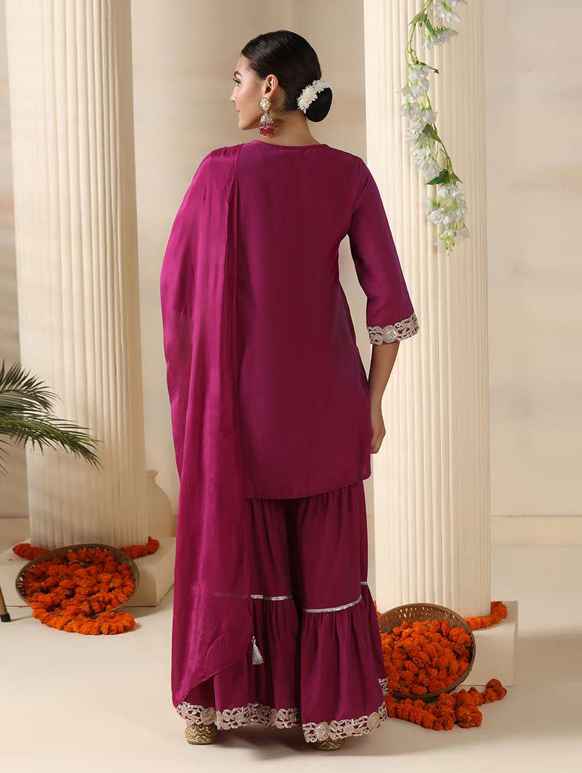 women embroidered three quarter sleeve kurta sharara with dupatta set - 22161073 -  Standard Image - 3