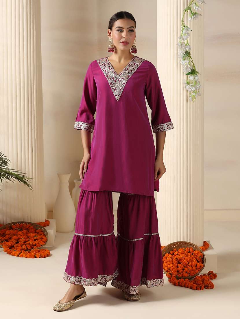 women embroidered three quarter sleeve kurta sharara with dupatta set - 22161073 -  Standard Image - 5