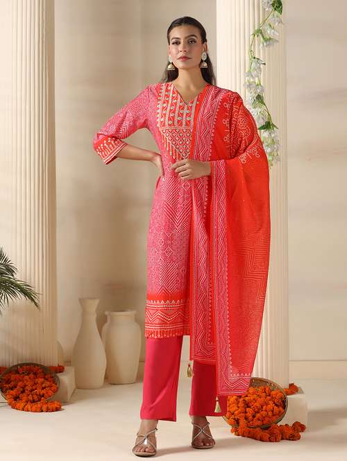 women embroidered three quarter sleeve kurta pant with dupatta set - 22161074 -  Standard Image - 0