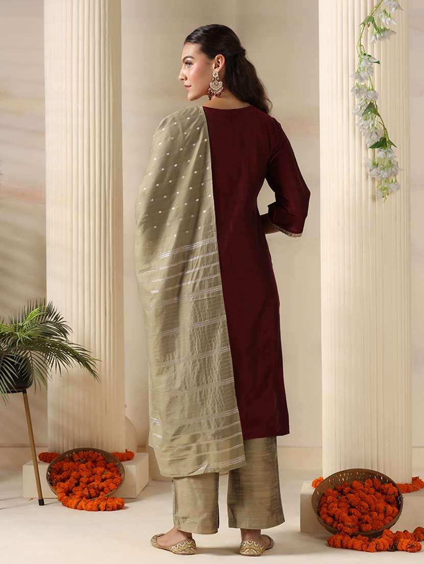 women solid with work three quarter sleeve kurta pant with dupatta set - 22161075 -  Standard Image - 3