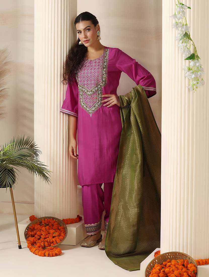 women embroidered three quarter sleeve kurta salwar with dupatta set - 22161077 -  Standard Image - 5