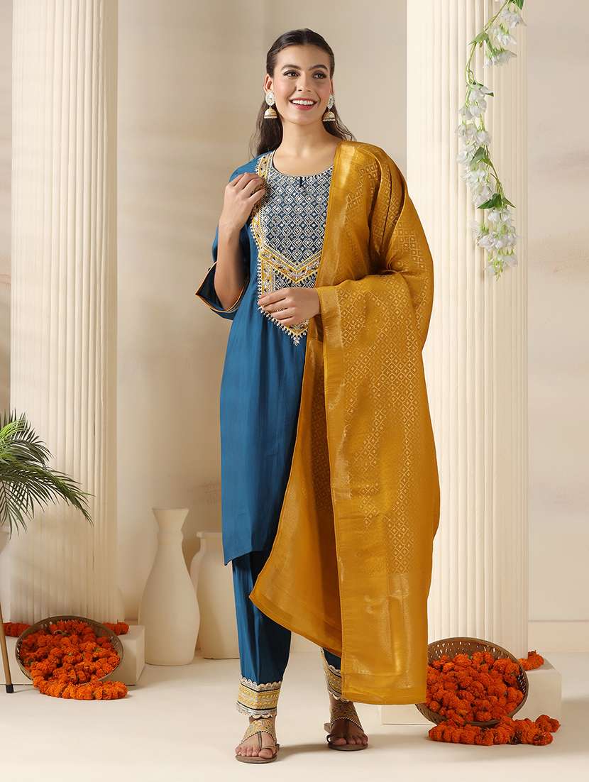 women embroidered three quarter sleeve kurta salwar with dupatta set - 22161078 -  Zoom Image - 0