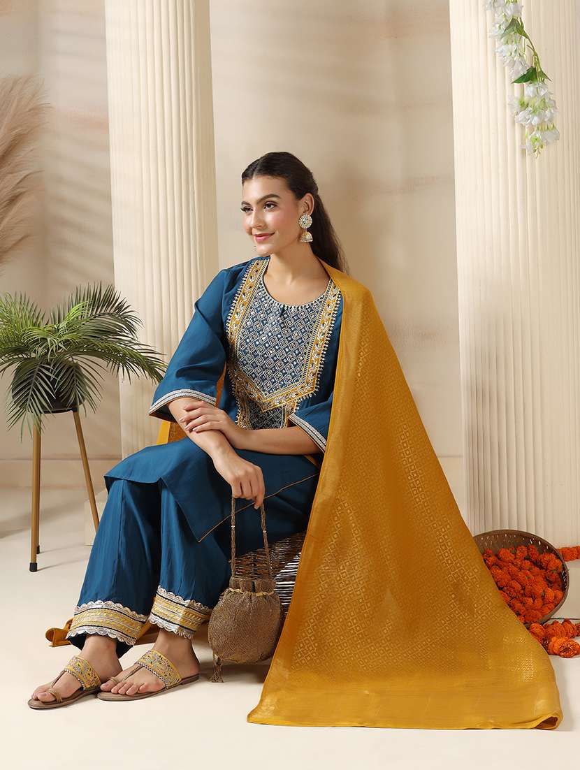 women embroidered three quarter sleeve kurta salwar with dupatta set - 22161078 -  Standard Image - 5