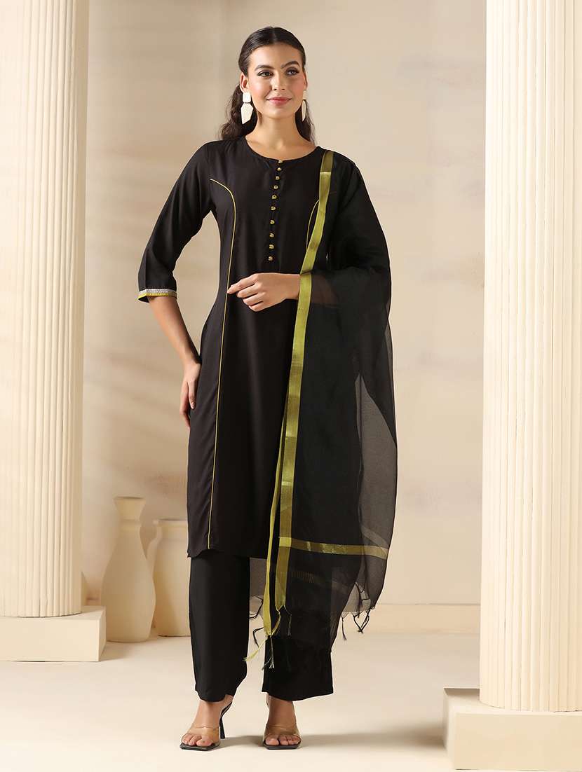 women solid three quarter sleeve kurta pant with dupatta set