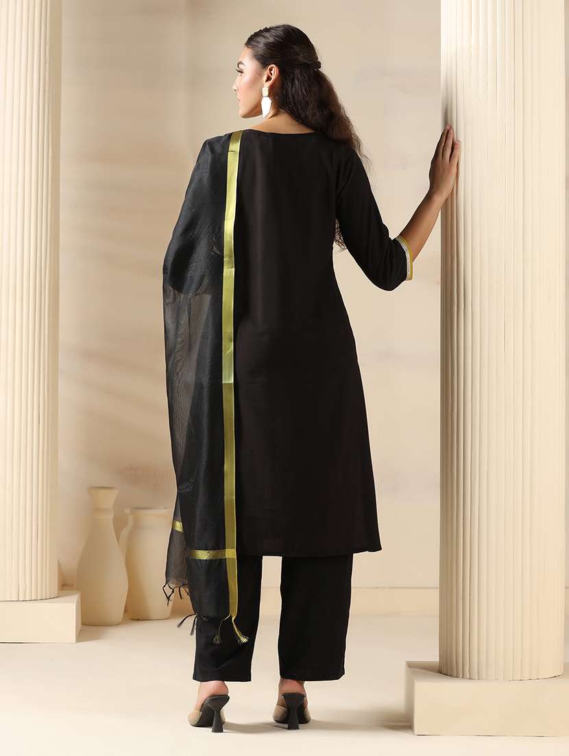 women solid three quarter sleeve kurta pant with dupatta set - 22161081 -  Standard Image - 3