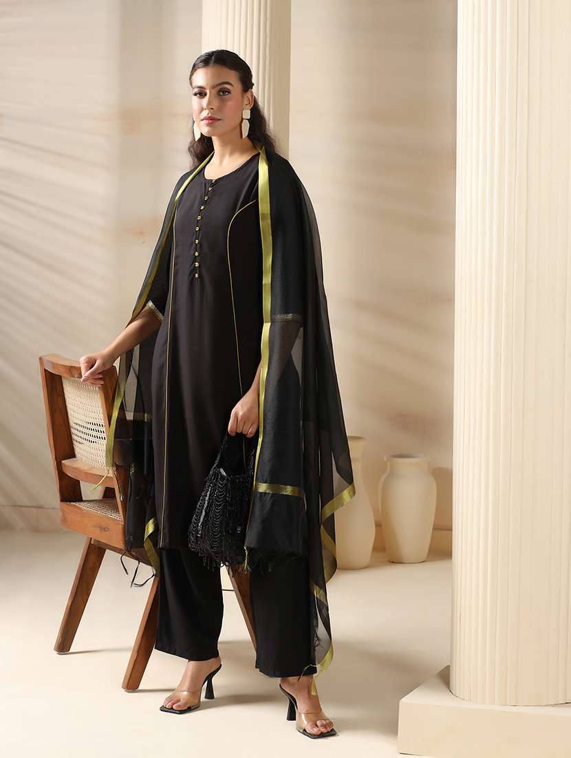 women solid three quarter sleeve kurta pant with dupatta set - 22161081 -  Standard Image - 5