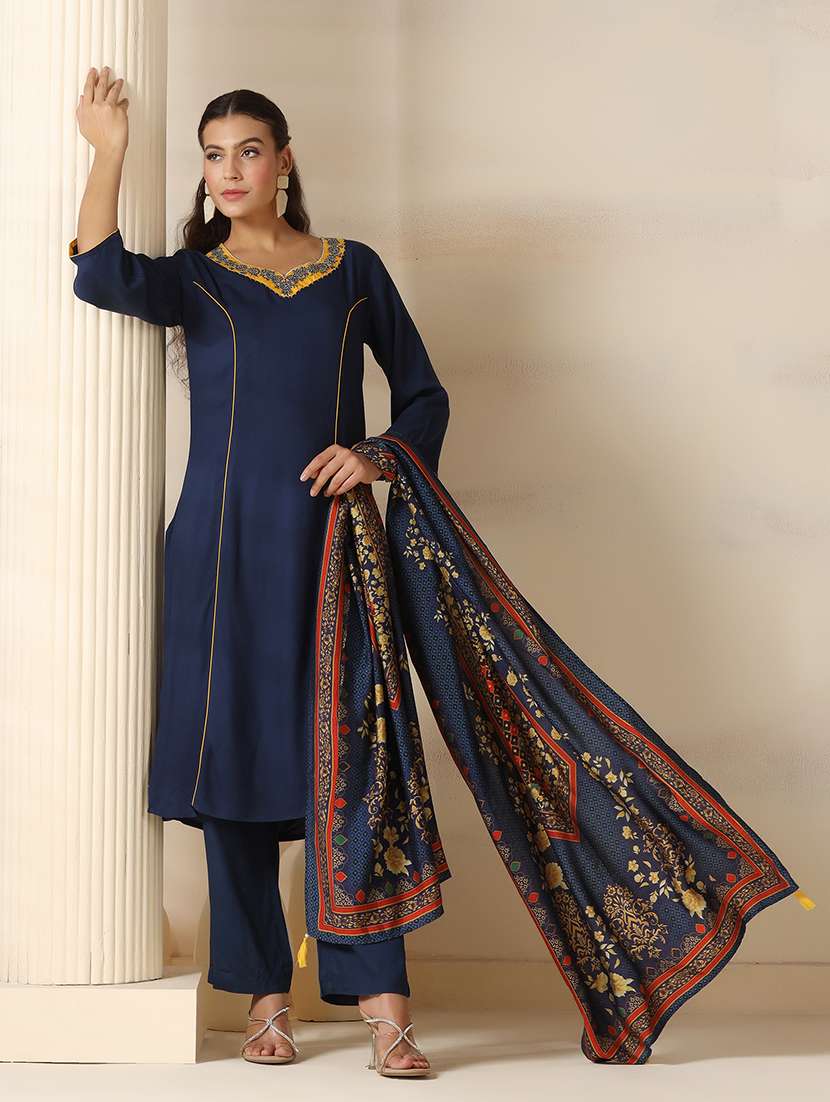 women solid three quarter sleeve kurta pant with dupatta set - 22161083 -  Standard Image - 5