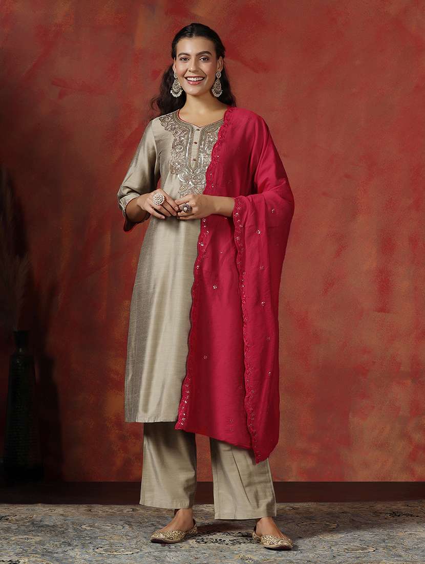 women embroidered three quarter sleeve kurta pant with dupatta set