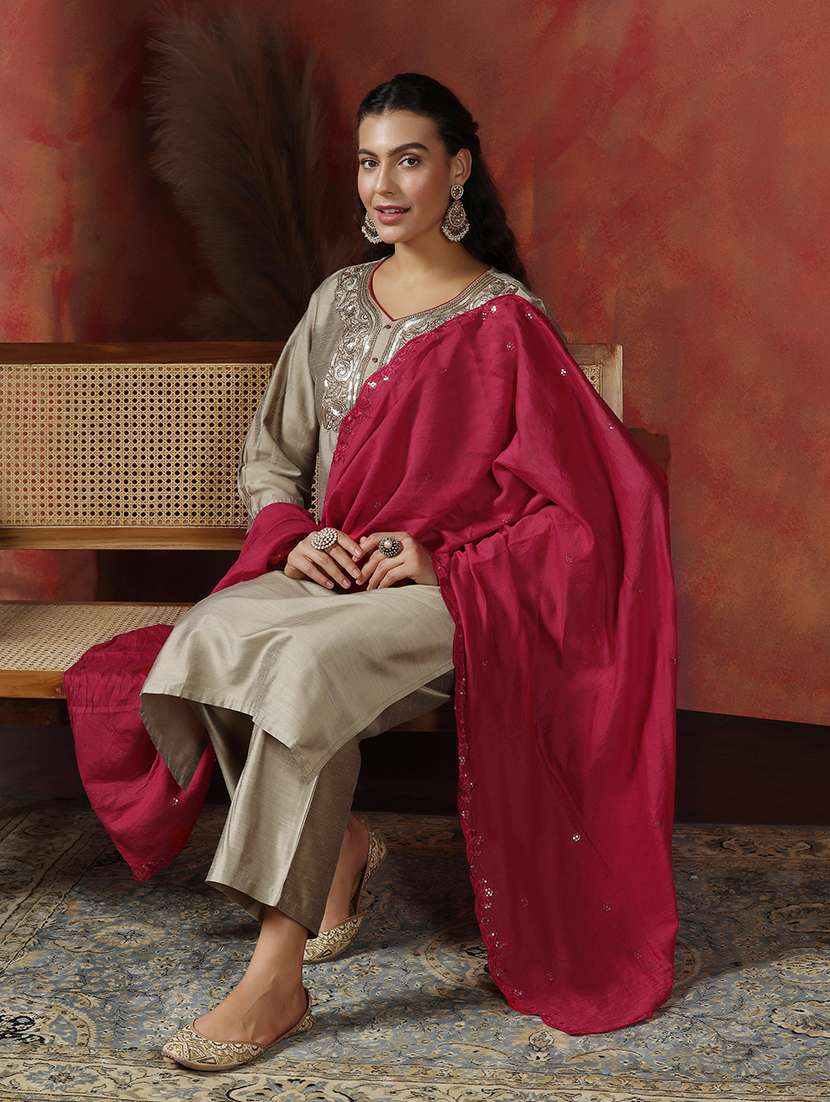 women embroidered three quarter sleeve kurta pant with dupatta set - 22161086 -  Standard Image - 5