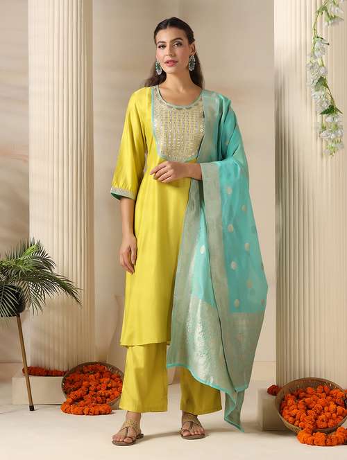 women embroidered three quarter sleeve kurta pant with dupatta set - 22161088 -  Standard Image - 0