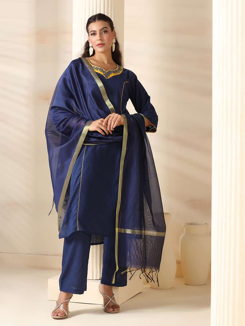 women embroidered three quarter sleeve kurta pant with dupatta set