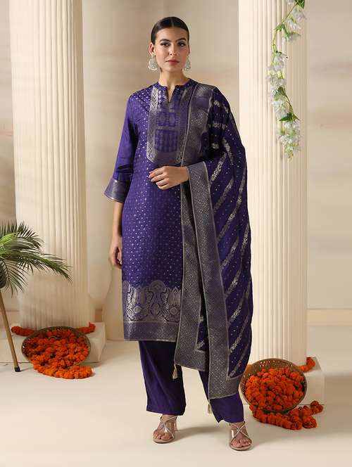 women self design three quarter sleeve kurta pant with dupatta set - 22161090 -  Standard Image - 0