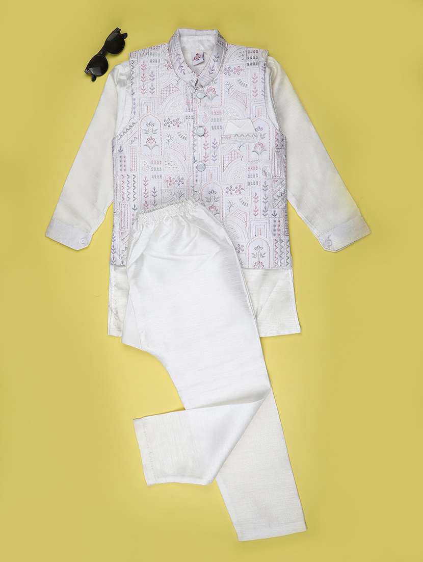 boys solid with work mandarin neck kurta set