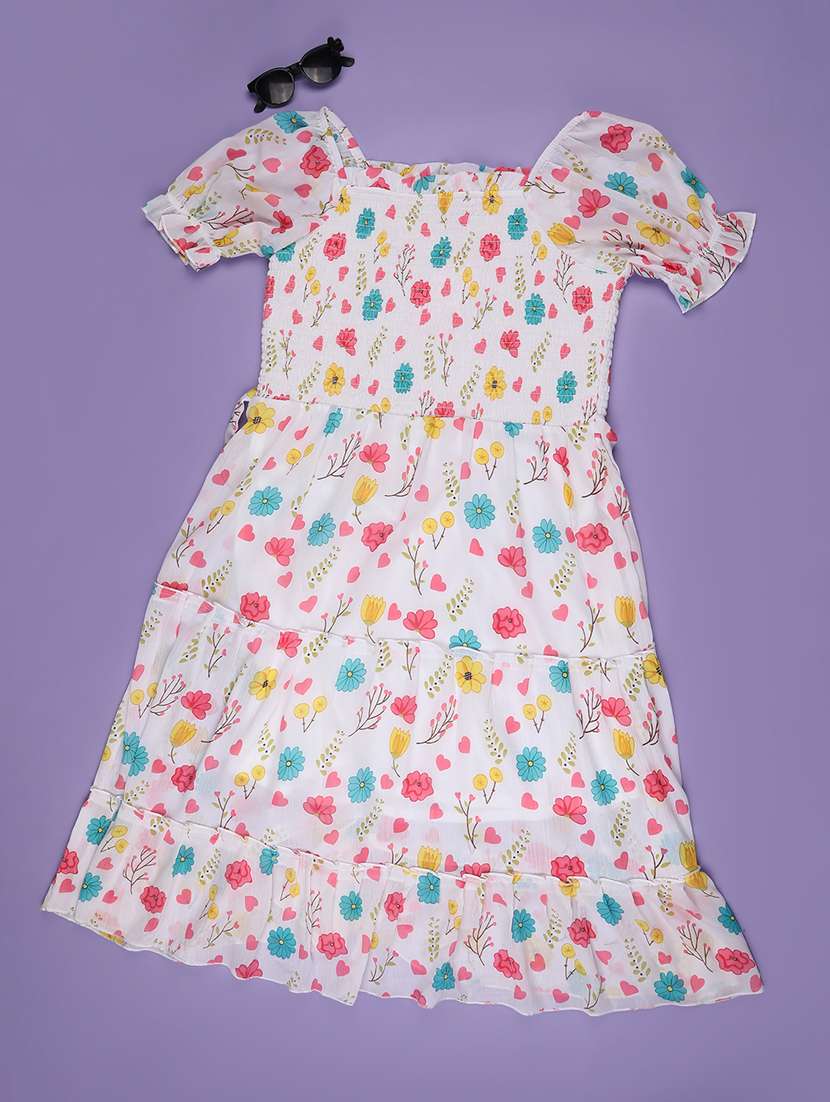 girls floral print puff sleeve tiered dress