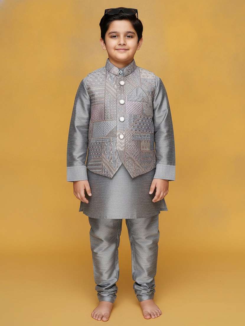boys solid with work mandarin neck kurta set
