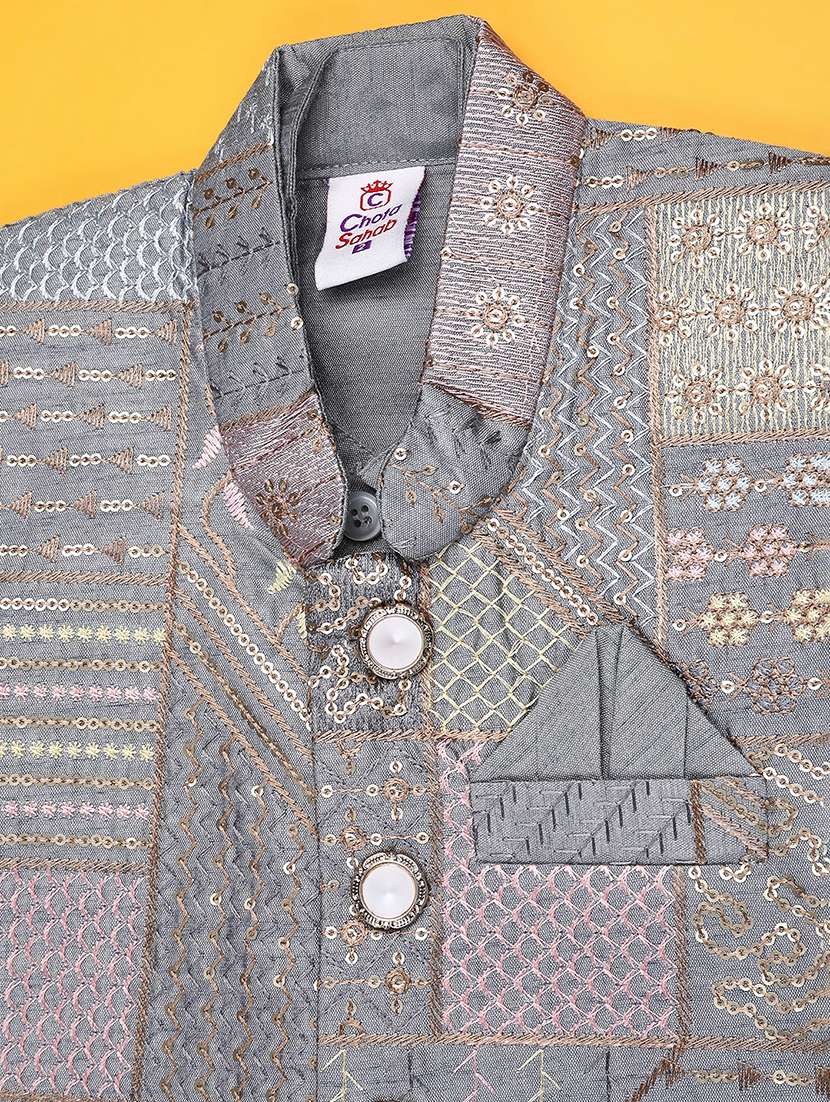 boys solid with work mandarin neck kurta set - 22161540 -  Standard Image - 3