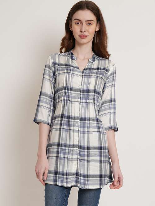 women checkered three quarter sleeve tunic - 22161716 -  Standard Image - 0