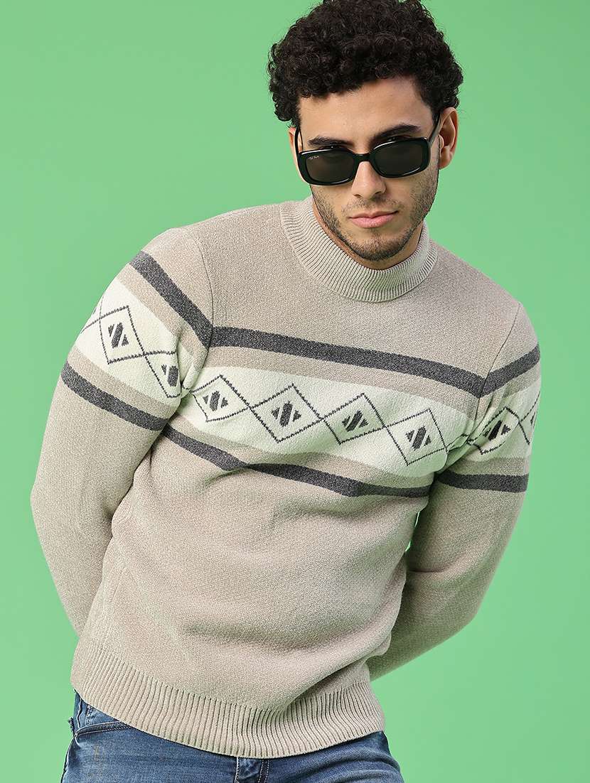 men self design long sleeve regular fit pullover 