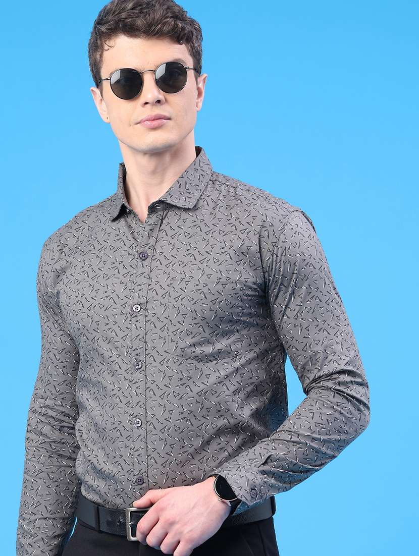men printed collared long sleeve formal shirt