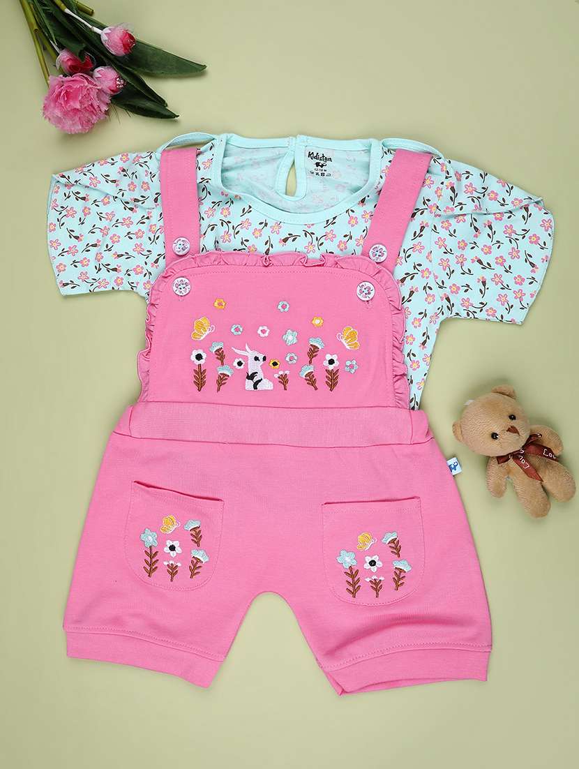 girls printed t-shirt and dungree set