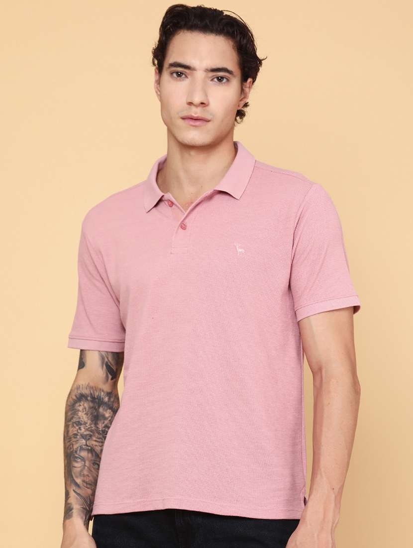 men pink cotton blend plain t-shirt