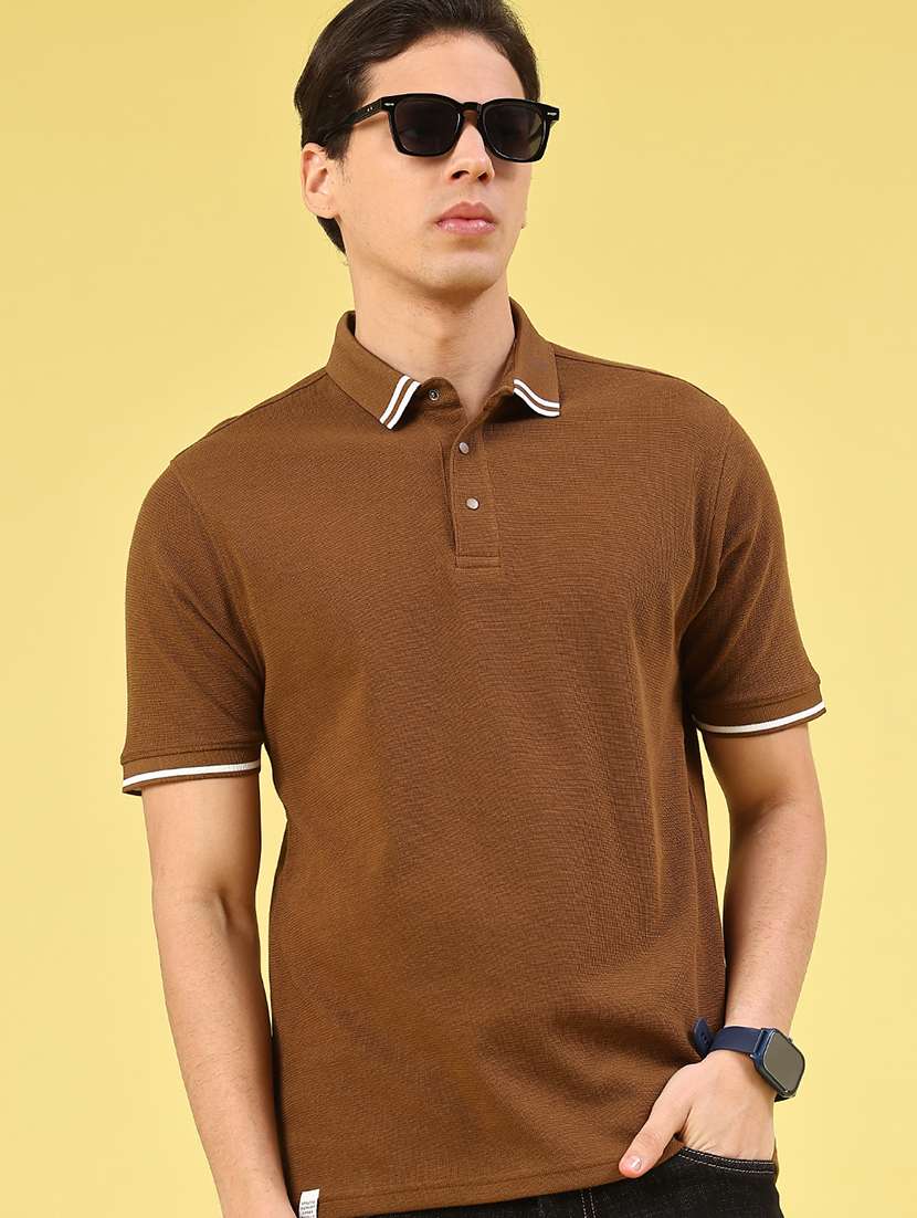 men brown cotton blend plain t-shirt