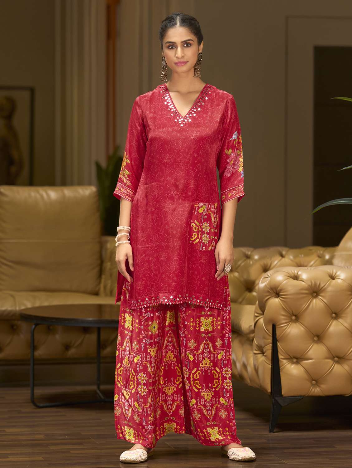 women printed three quarter sleeve co-ord set