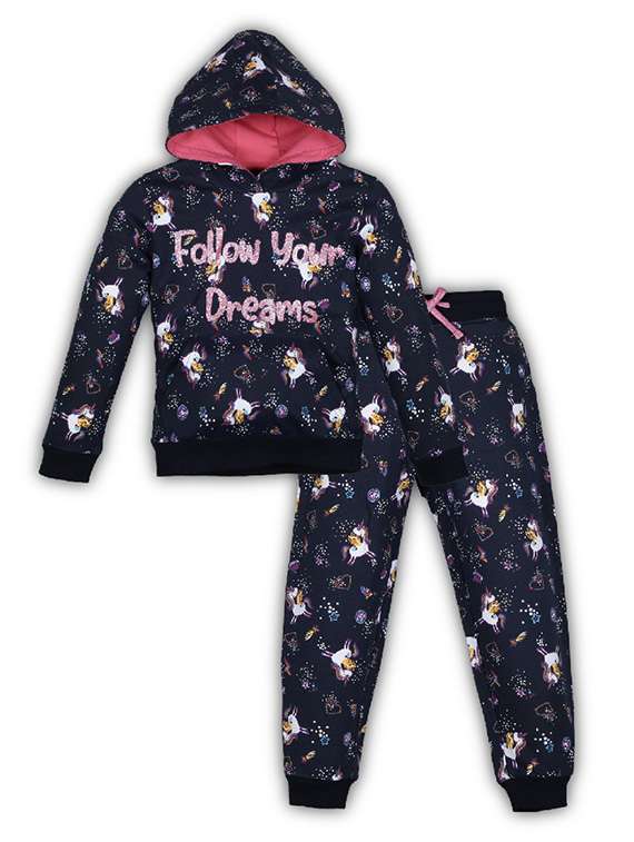 girls printed long sleeve hooded full length set