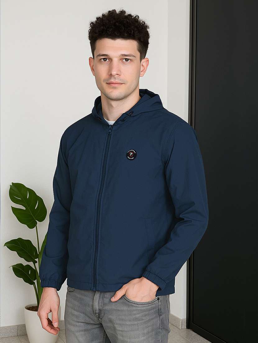 men solid long sleeve regualr fit hooded casual jacket