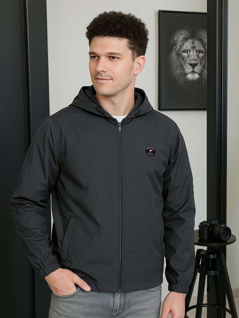 men solid long sleeve regualr fit hooded casual jacket