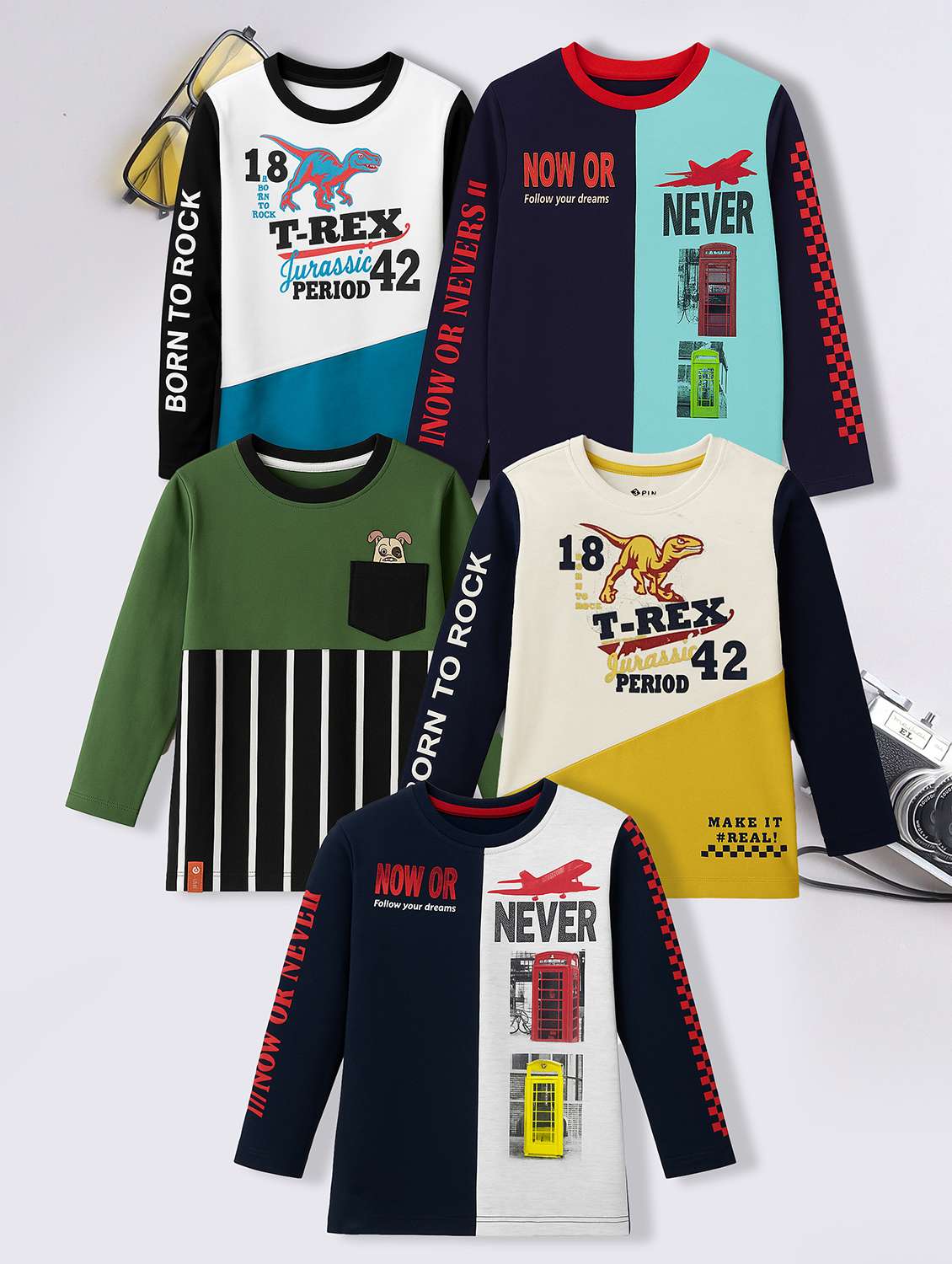 boys pack of 5 printed long sleeve t-shirt