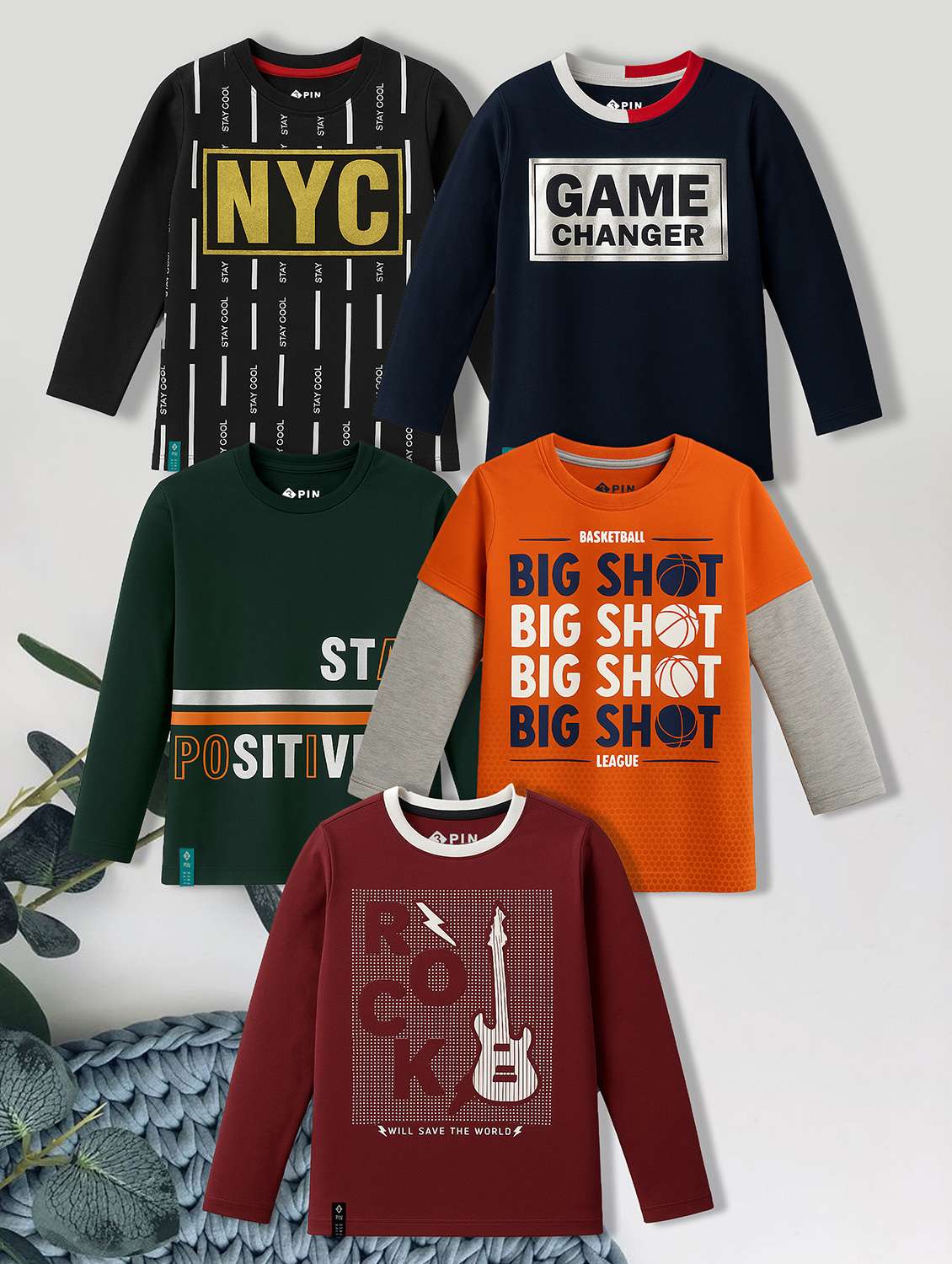 boys pack of 5 printed long sleeve t-shirt