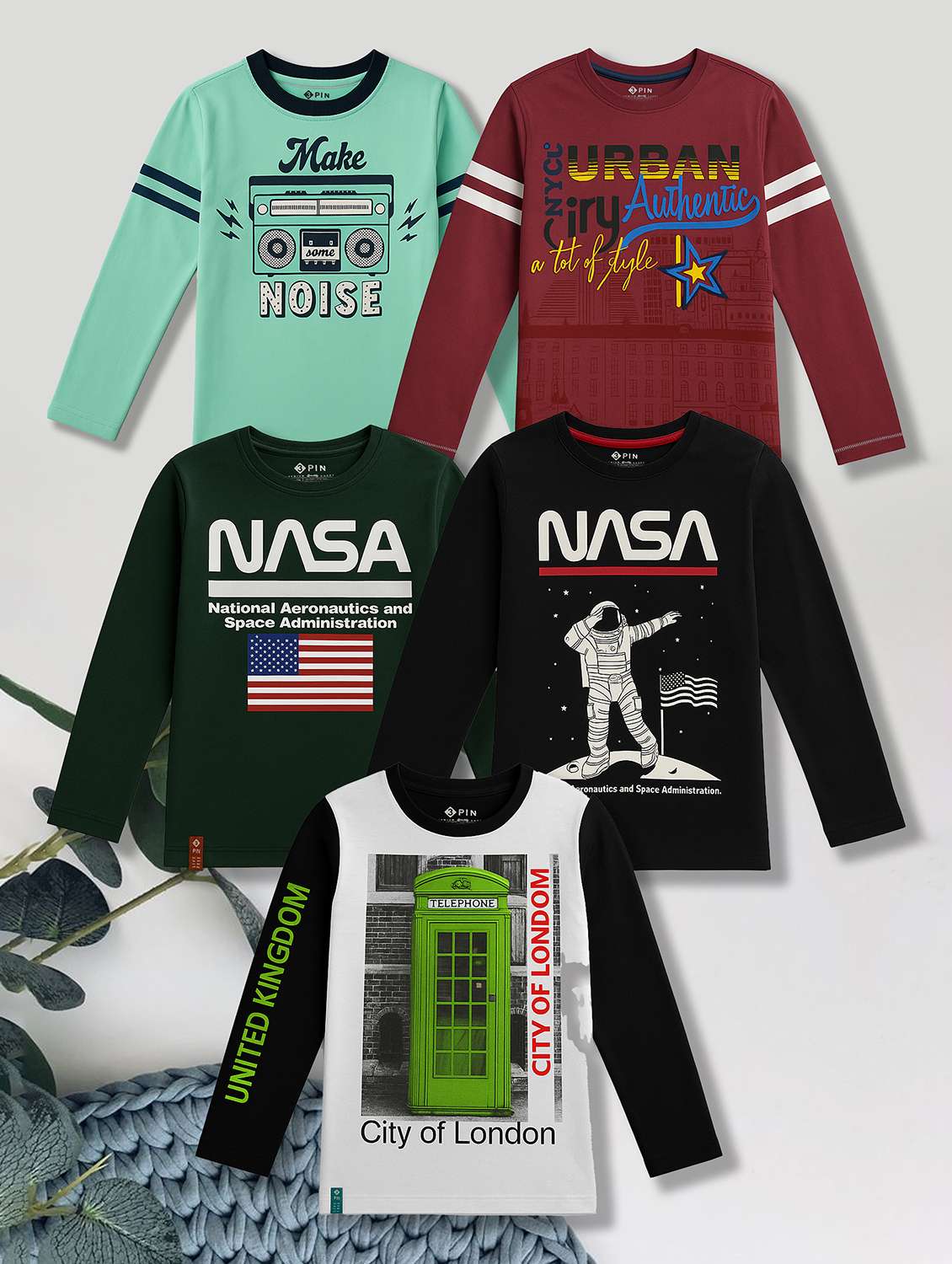 boys pack of 5 printed long sleeve t-shirt