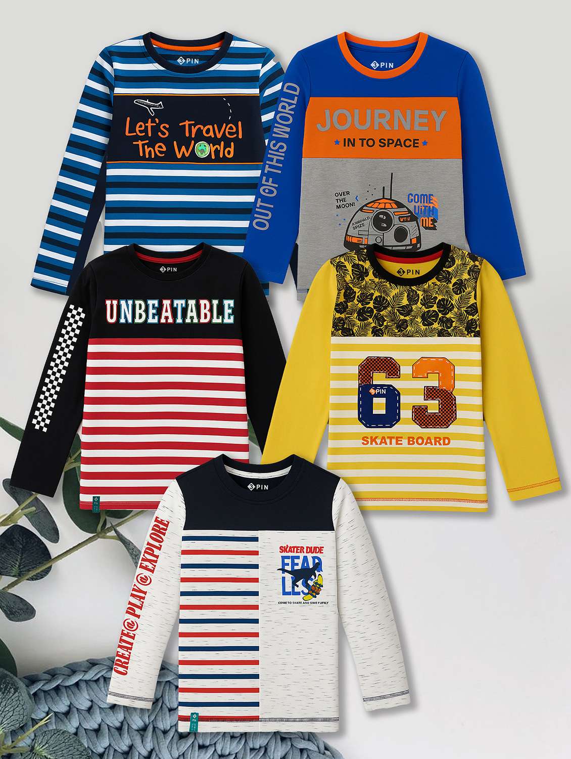 boys pack of 5 printed long sleeve t-shirt